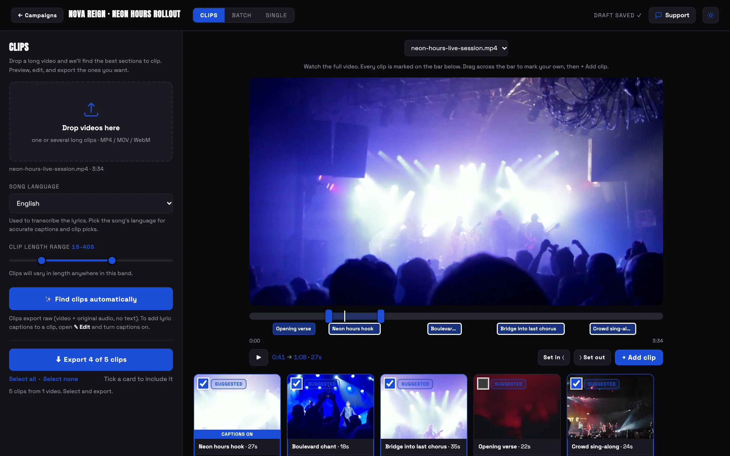 Video Engine finding the best moments in a live session